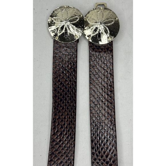 Vintage Gold-Tone Sand Dollar BUCKLE Adjustable Brown Snakeskin Belt ONE SIZE